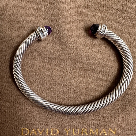 David Yurman Silver and amethyst and diamond Cable Cuff Bracelet - Picture 1 of 5